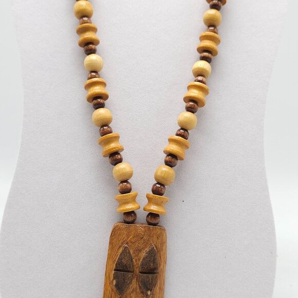 Handmade Wooden Beaded Necklace With Carved Tribal Pendant No Clasp - Picture 3 of 8